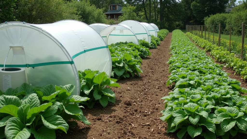 Vegetable garden with a variety of crops being checked for pests